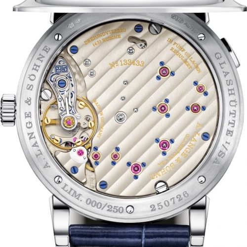 Die Rückseite der A. Lange & Söhne Lange 1 »25th-Anniversary« Das Handaufzugkaliber L121.1 der A. Lange & Söhne Lange 1 »25th-Anniversary«.