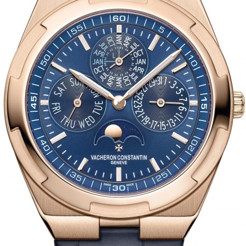 Vacheron Constantin Overseas Ewiger Kalender Ultraflach Blaues Zifferblatt mit Lederarmband Der Overseas Ewiger Kalender Ultraflach von Vacheron Constantin mit blauem Zifferblatt und Lederarmband.