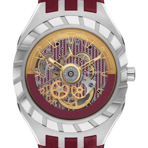 Die Swatch Flymagic mit skelettiertem Zifferblatt in Rot. Die Swatch Flymagic mit skelettiertem Zifferblatt in Rot.