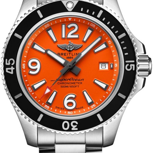 Die Superocean 42 von Breitling mit orangenem Zifferblatt und Edelstahlarmband, 3.800 Euro. Die Superocean 42 von Breitling mit orangenem Zifferblatt und Edelstahlarmband, 3.800 Euro.