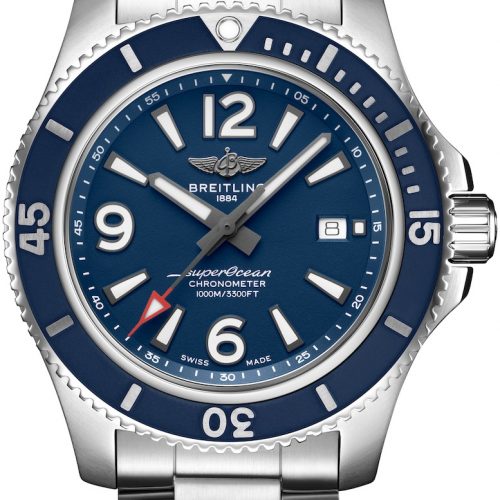 Die Superocean 44 von Breitling mit blauem Zifferblatt und Edelstahlarmband, 3.900 Euro. Die Superocean 44 von Breitling mit blauem Zifferblatt und Edelstahlarmband, 3.900 Euro.