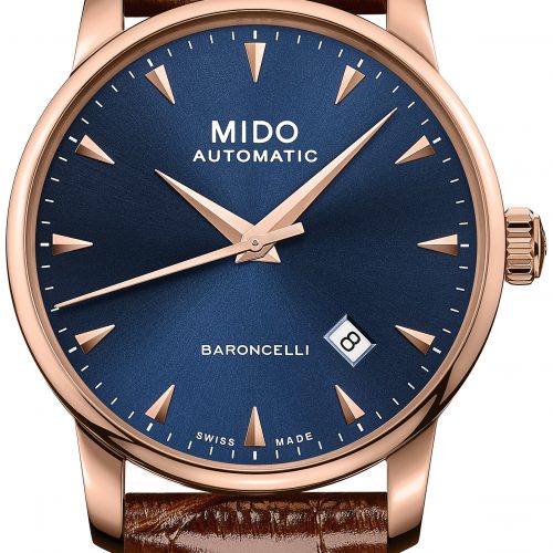 Die roségoldfarbene Baroncelli Midnight Blue mit geprägtem Kalbslederarmband.