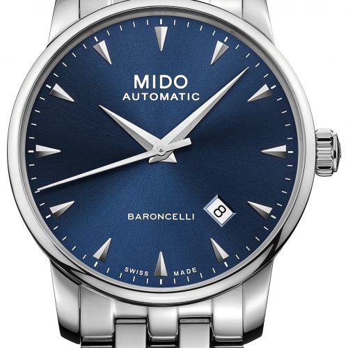 Die Mido Baroncelli Midnight Blue mit 38 Millimeter Durchmesser in Edelstahl mit Edelstahlband. Die Mido Baroncelli Midnight Blue mit 38 Millimeter Durchmesser in Edelstahl mit Edelstahlband.