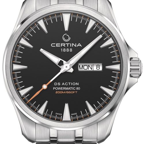 Die DS Action Day Date von Certina mit schwarzem Zifferblatt und Edelstahlband kostet 695 Euro.Certina_DS Action Day-Date-Stahlband-schwarzes-Zifferblatt Die DS Action Day Date von Certina mit schwarzem Zifferblatt und Edelstahlband kostet 695 Euro.