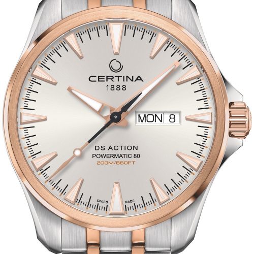 Die DS Action Day Date von Certina mit weißem Zifferblatt und roségoldfarbener PVD auf Lünette und Edelstahlband kostet 750 Euro. Die DS Action Day Date von Certina mit weißem Zifferblatt und roségoldfarbener PVD auf Lünette und Edelstahlband kostet 750 Euro.