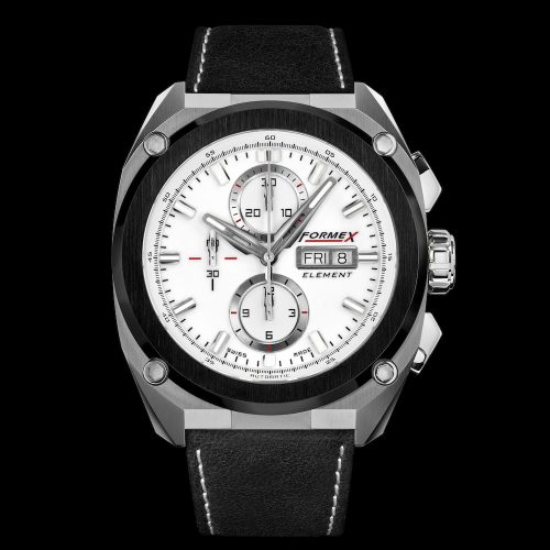 Der Sport-Chronograph Element von Formex mit weißem Zifferblatt und geöltem Kalbslederband mit weißem Fadenstich.. Der Sport-Chronograph Element von Formex mit weißem Zifferblatt und geöltem Kalbslederband mit weißem Fadenstich..