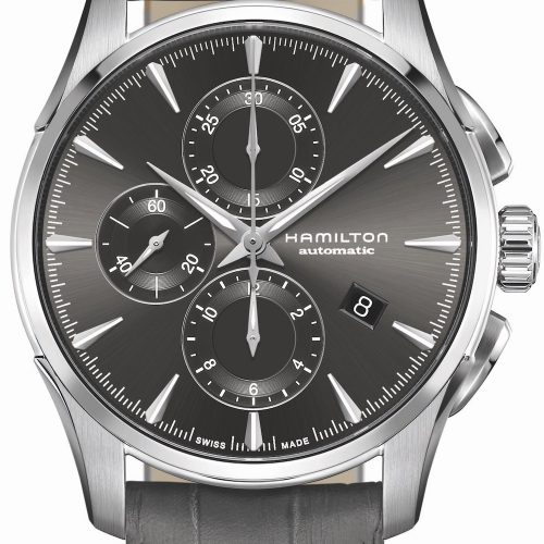 Der Jazzmaster Automatikchronograph von Hamilton mit anthrazitfarbenem Blatt und Lederband kostet 1.595 Euro. Der Jazzmaster Automatikchronograph von Hamilton mit anthrazitfarbenem Blatt und Lederband kostet 1.595 Euro.