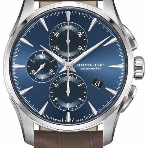 Der Jazzmaster Automatikchronograph von Hamilton mit blauem Blatt und Lederband kostet 1.595 Euro. Der Jazzmaster Automatikchronograph von Hamilton mit blauem Blatt und Lederband kostet 1.595 Euro.