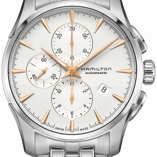Der Jazzmaster Automatikchronograph mit weißem Blatt und Edelstahlband kostet 1.645 Euro. Der Jazzmaster Automatikchronograph mit weißem Blatt und Edelstahlband kostet 1.645 Euro.