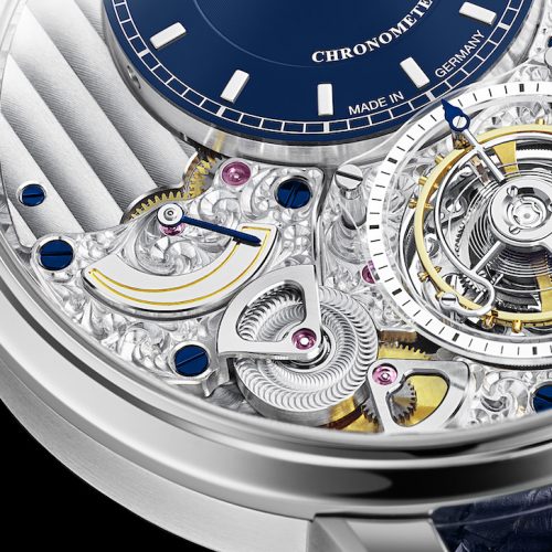 Die Gangreserveanzeige des Senator Chronometer Tourbillon an der Position bei sieben Uhr. Die Gangreserveanzeige des Senator Chronometer Tourbillon an der Position bei sieben Uhr.