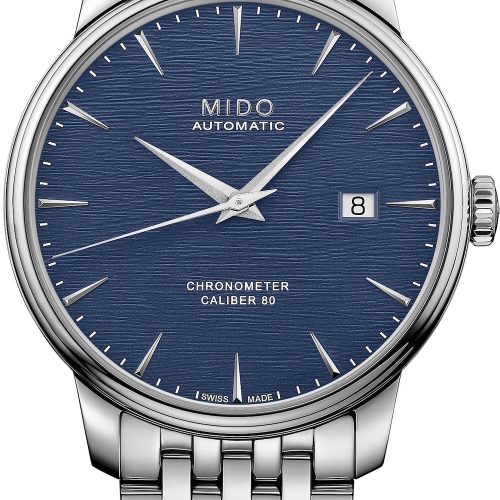 Die Baroncelli Chronometer Silizium von Mido mit blauem Zifferblatt am Edelstahlband.