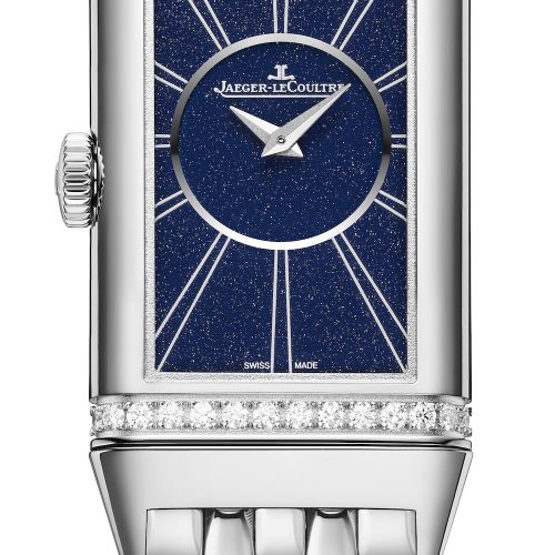 Die Rückseite der Reverso One Duetto von Jaeger-LeCoultre mit blauem Blatt am Stahlband. Die Rückseite der Reverso One Duetto von Jaeger-LeCoultre mit blauem Blatt am Stahlband.