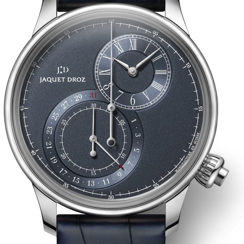 Das dezentrale Zifferblatt des Grande Seconde Chronographen von Jaquet Droz bedingt eine Kronenposition bei vier Uhr. Das dezentrale Zifferblatt des Grande Seconde Chronographen von Jaquet Droz bedingt eine Kronenposition bei vier Uhr.