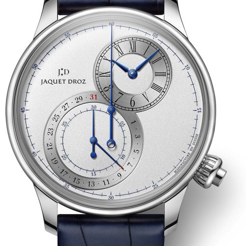 Der Grande Seconde Chronograph von Jaquet Droz in Edelstahl besitzt einen Durchmesser von 43 Millimetern und ist mit silbernem, blauem oder graubraunem Zifferblatt erhältlich. Der Grande Seconde Chronograph von Jaquet Droz in Edelstahl besitzt einen Durchmesser von 43 Millimetern und ist mit silbernem, blauem oder graubraunem Zifferblatt erhältlich.