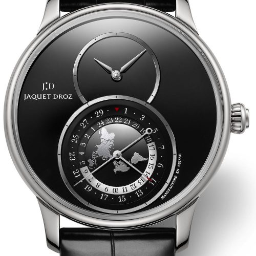 Die Edelstahlversion der Grande Seconde Dual Time mit schwarzem Zifferblatt aus Onyx. Die Edelstahlversion der Grande Seconde Dual Time mit schwarzem Zifferblatt aus Onyx.