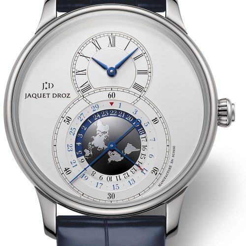 Die Edelstahlversion der Grande Seconde Dual Time mit silbernem Zifferblatt. Die Edelstahlversion der Grande Seconde Dual Time mit silbernem Zifferblatt.