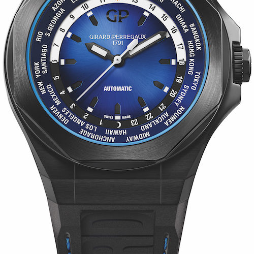 Die Weltzeituhr Laureato WW.TC ist mit einem Verlauf von Blau nach Schwarz versehen. Die Weltzeituhr Laureato WW.TC ist mit einem Verlauf von Blau nach Schwarz versehen.