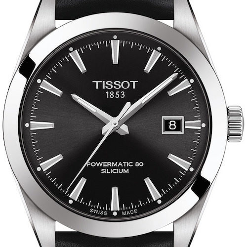 Die Tissot Gentleman Powermatic mit schwarzem Zifferblatt und Kalbslederband. Die Tissot Gentleman Powermatic mit schwarzem Zifferblatt und Kalbslederband.