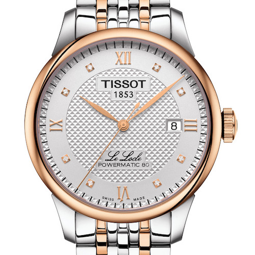Die Tissot Le Locle Gent in Edelstahl mit roségoldfarbener PVD-Beschichtung und acht Diamantindizes. <em>690 Euro.</em> Die Tissot Le Locle Gent in Edelstahl mit roségoldfarbener PVD-Beschichtung und acht Diamantindizes. 690 Euro.