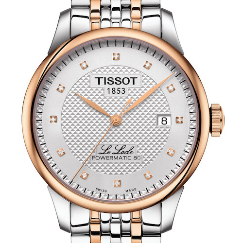 Die Tissot Le Locle Gent in Edelstahl mit roségoldfarbener PVD-Beschichtung und zwölf Diamantindizes. <em>750 Euro.</em> Die Tissot Le Locle Gent in Edelstahl mit roségoldfarbener PVD-Beschichtung und zwölf Diamantindizes. 750 Euro.