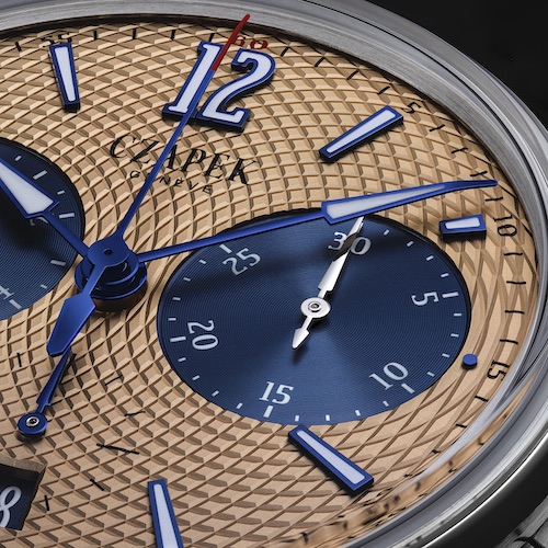 Das Zifferblatt des Czapek-Chronographen ist aufwändig guillochiert. Das Zifferblatt des Czapek-Chronographen ist aufwändig guillochiert.