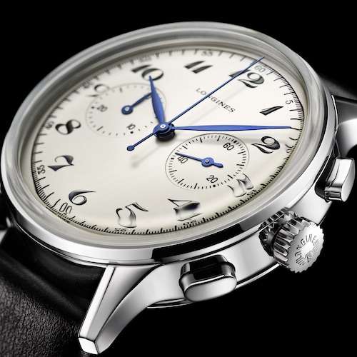Der Longines Heritage Chronograph mit gebläuten »Feuille«-Zeigern. Der Longines Heritage Chronograph mit gebläuten »Feuille«-Zeigern.