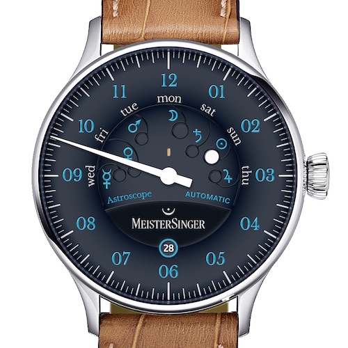 Die Astroscope von Meistersinger mit blauer Typografie und braunem Armband. Die Astroscope von Meistersinger mit blauer Typografie und braunem Armband.