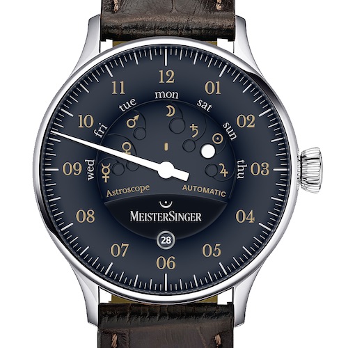 Die Astroscope von Meistersinger mit Old-Radium-Typografie und dunklem Armband. Die Astroscope von Meistersinger mit Old-Radium-Typografie und dunklem Armband.