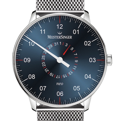 Die Neo Plus Zeigerdatum von Meistersinger mit blauem Sonnenschliff. Die Neo Plus Zeigerdatum von Meistersinger mit blauem Sonnenschliff.