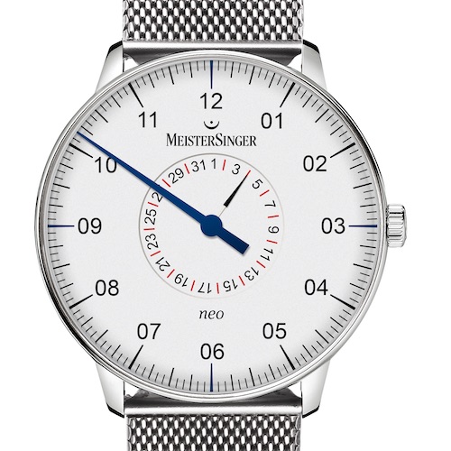 Die Neo Zeigerdatum von Meistersinger mit opalinweißem Zifferblatt. Die Neo Zeigerdatum von Meistersinger mit opalinweißem Zifferblatt.