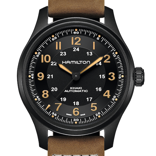 Die schwarze Version der Khaki Field Titan besitzt auch ein schwarzes Zifferblatt. Die schwarze Version der Khaki Field Titan besitzt auch ein schwarzes Zifferblatt.