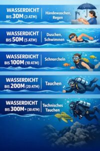 Die Meterangaben der Wasserdichtheit dürfen nicht mit der Tauchtiefe verwechselt werden.