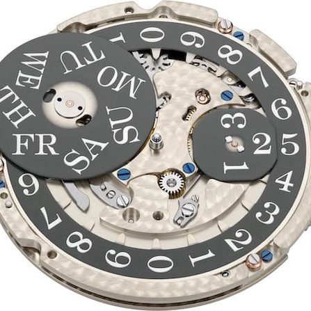 Das automatische Kaliber L155.1 Daymatic mit grauen Wochentags- und Datumsanzeigen für die Weißgoldversion. Das automatische Kaliber L155.1 Daymatic mit grauen Wochentags- und Datumsanzeigen für die Weißgoldversion.