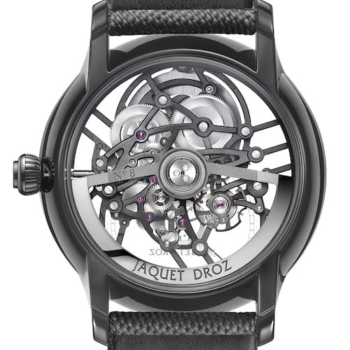 Die Brücken des Manufakturwerkes Jaquet Droz 2663 SQ sind skelettiert. Die Brücken des Manufakturwerkes Jaquet Droz 2663 SQ sind skelettiert.
