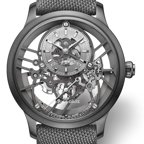 Zum anthrazitgrauen Gehäuse passt das graue Textilarmband. Zum anthrazitgrauen Gehäuse passt das graue Textilarmband.