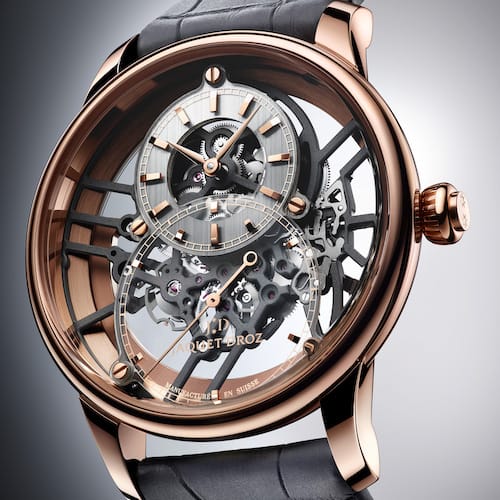 Zum Gehäuse aus 18K Rotgold passt das graue Alligatorlederarmband. Zum Gehäuse aus 18K Rotgold passt das graue Alligatorlederarmband.