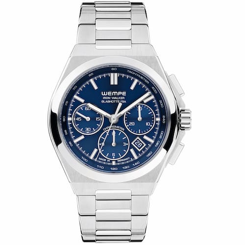 Der Wempe Iron Walker Chronograph mit stahlblauem Zifferblatt. Der Wempe Iron Walker Chronograph mit stahlblauem Zifferblatt.