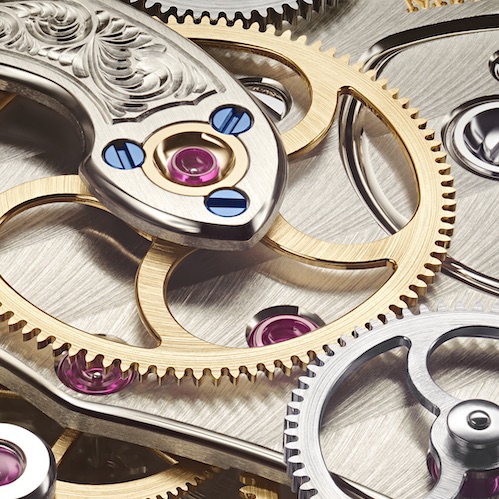 A-Lange-und-Soehne-Lange-1-Zeitzone-Werkdetail Auch der Zwischenradkloben des Lange-Manufakturkaliber L141.1 ist von Hand graviert.