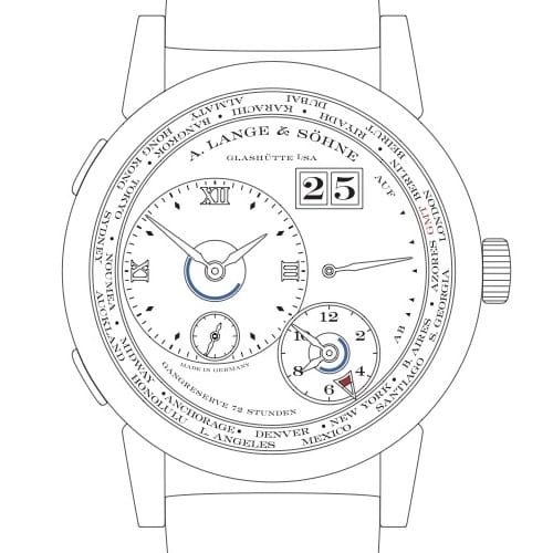 A-Lange-und-Soehne-Lange-1-Zeitzone-Zeichnung-Front Die Lange 1 Zeitzone mit der charakteristischen, dezentralen Zeitanzeige und dem Städtering.