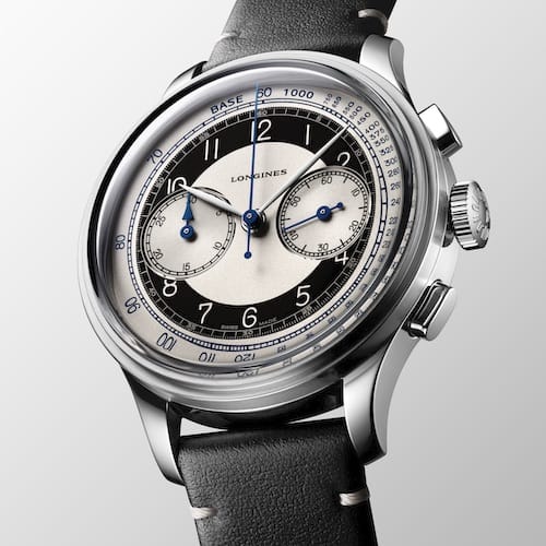 Longines-Heritage-Classics-Tuxedo-L2.830.4.93.0-Chrono-Profil Die Kleine Sekunde befindet sich bei drei Uhr. Gegenüber liegt der 30-Minuten-Zähler.