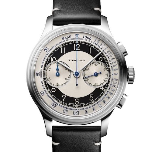 Longines-Heritage-Classics-Tuxedo-L2.830.4.93.0-Front Das zweifarbige Zifferblatt ist von einer Tachymeterskala umgeben.