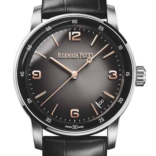 Audemars-Piguet-Code-59-11-15210CR-OO-A002CR-01_SDT-Front-Rauchgrau-Bicolor Die Audemars Piguet Code 59.11 aus Roségold mit Lünette und Bandanstößen aus Weißgold mit rauchgrauem Blatt.
