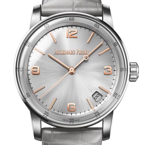 Audemars Piguet Code 59.11 15210CR-OO-A009CR-01_ADV-Front-Grau Die Audemars Piguet Code 59.11 aus Roségold mit Lünette und Bandanstößen aus Weißgold mit grauem Blatt.