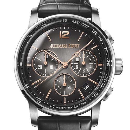 Audemars-Piguet-Code-59-11-26393CR-OO-A002CR-01-Rauchgrau Der Chronograph Code 59.11 von Audemars Piguet in Roségold mit Lünette und Bandanstößen in Weißgold mit rauchgrauem Blatt.