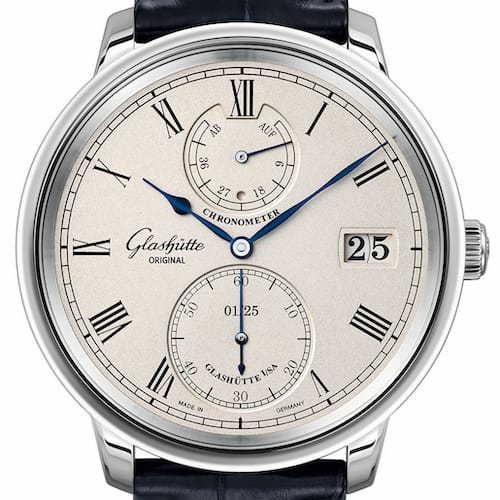 Glashuette-Original-1-58-03-01-04-30_Senator_Chronometer-White Gold-Front Gebläute Poire-Zeiger stellen Stunden und Minuten dar. Zwei kleine gebläute Zeiger die Kleine Sekunde und die Gangdauer.