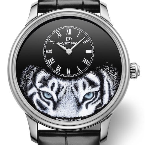 Jaquet Droz Petite Heure Minute Tiger Weissgold J005034275 Die auf 28 Exemplare limitierte Version aus schwarzem Emaille und 18K Weißgoldgehäuse.