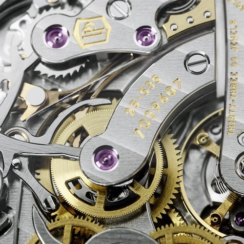 Patek-Philippe-Chronograph-Ewiger-Kalender-Ref5270J-001-Horizontalkupplung Die horizontale Kupplung des Chonoraphenwerkes.