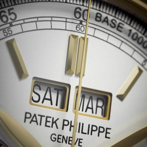 Patek-Philippe-Chronograph-Ewiger-Kalender-Ref5270J-001-Wochentag-Monat Ein Doppelfenster zeigt Monat und Wochentag an.