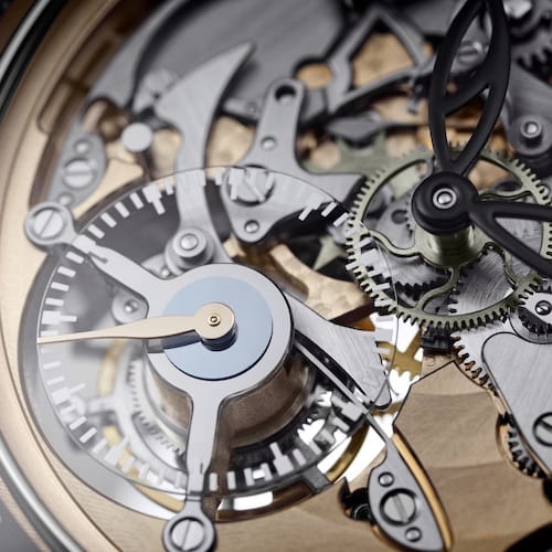 Patek Philippe Minutenrepetition-5303R-01-Kleine-Sekunde Unter der Kleinen Sekunde kreist das Minutentourbillon mit Breguet-Spirale.