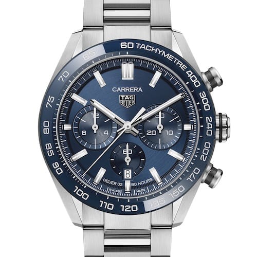 TAG-Heuer-Carrera-CBN2A1A.BA0643-blaues-ZB-Front Die rhodinierten Stunden- und Minutenzeiger sind mit weißer Leuchtfarbe beschichtet.